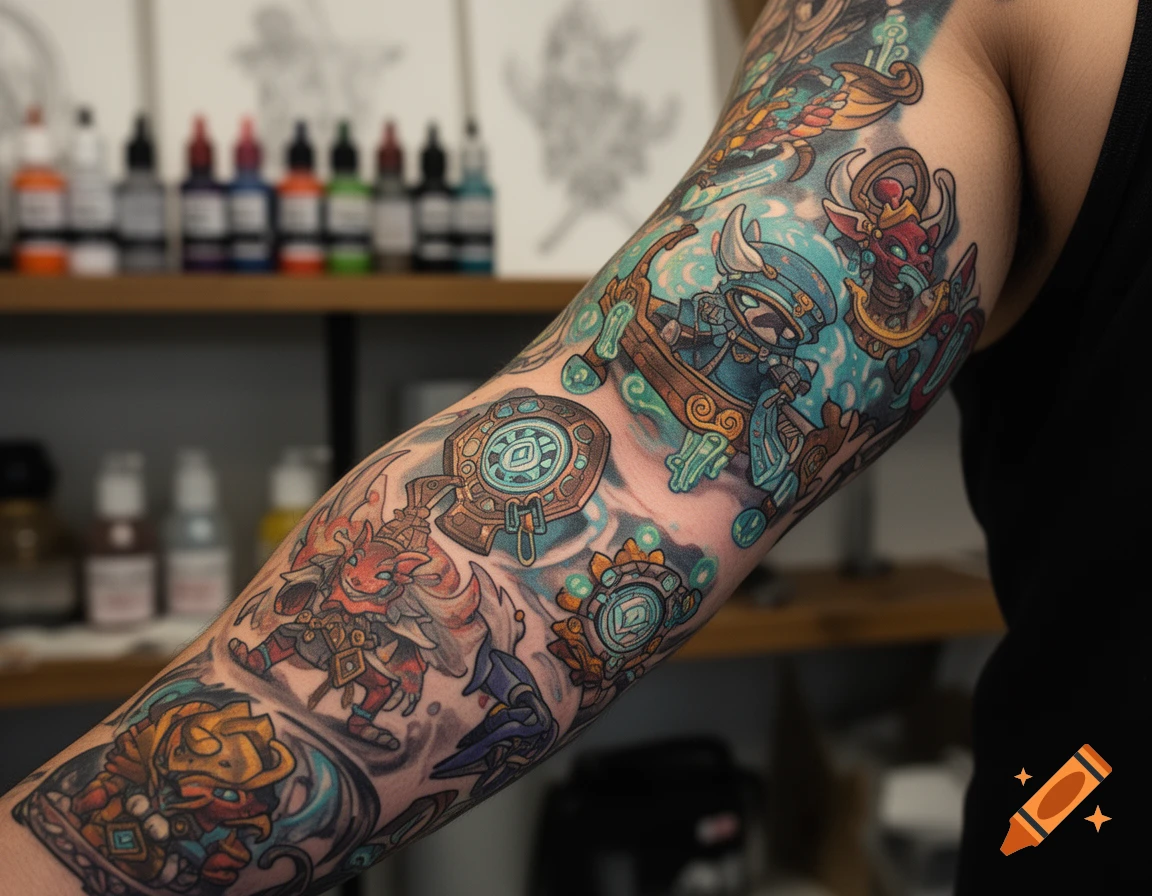 A colorful sleeve tattoo featuring multiple stylized Dofus game characters and symbols on an arm.