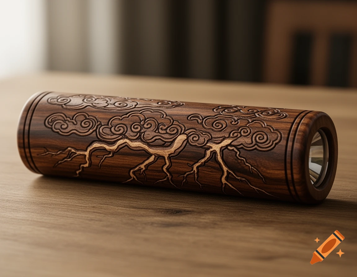 A photorealistic close-up of a dark wooden flashlight with intricate carvings of clouds and lightning, on a wooden table.