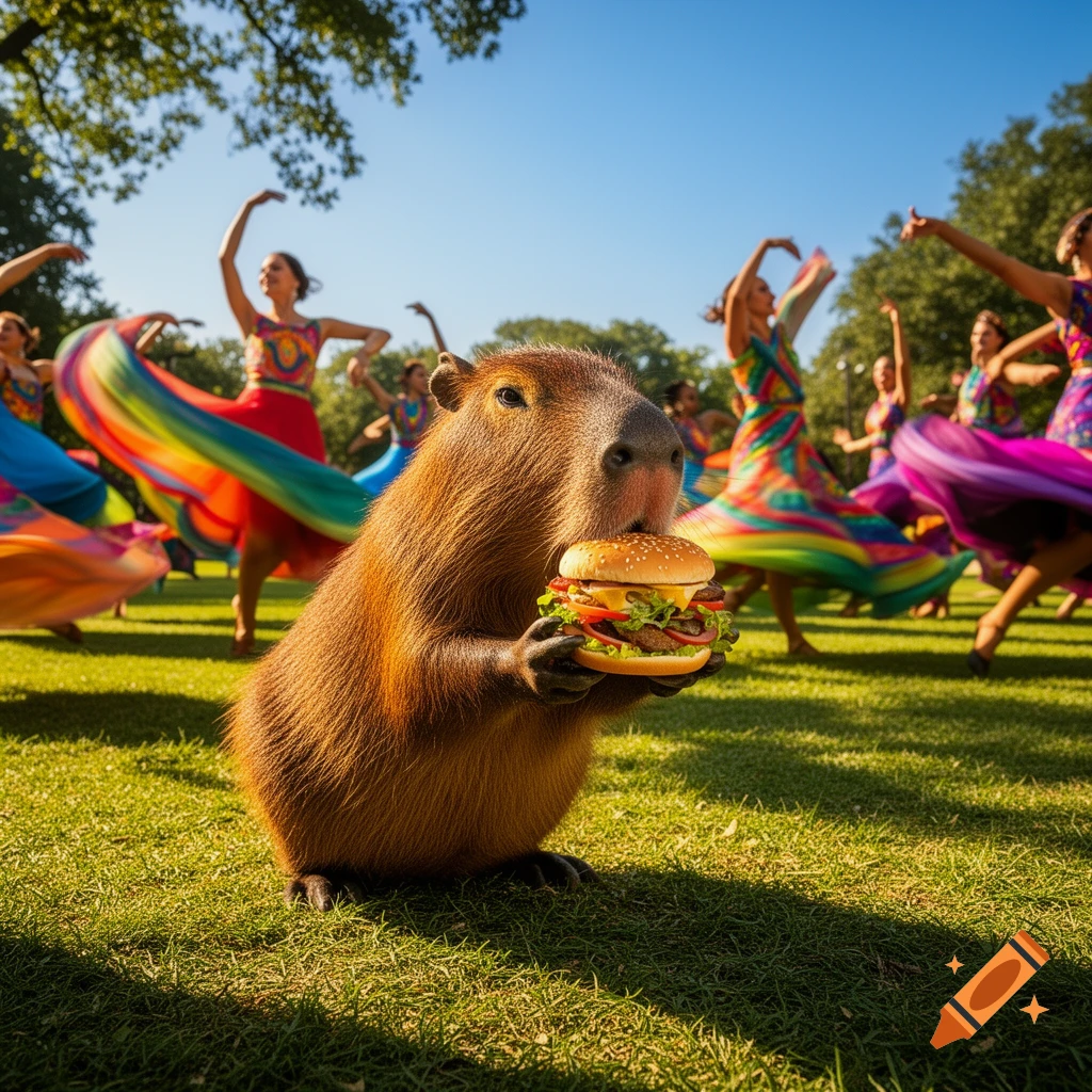 A capybara sits in green grass, holding and eating a hamburger, while women dance in colorful dresses in the sunny background.