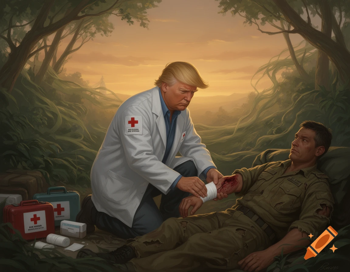 Donald Trump in a white lab coat with Red Cross symbols kneels, bandaging a wounded soldier's arm in a jungle setting at sunset, digital painting.