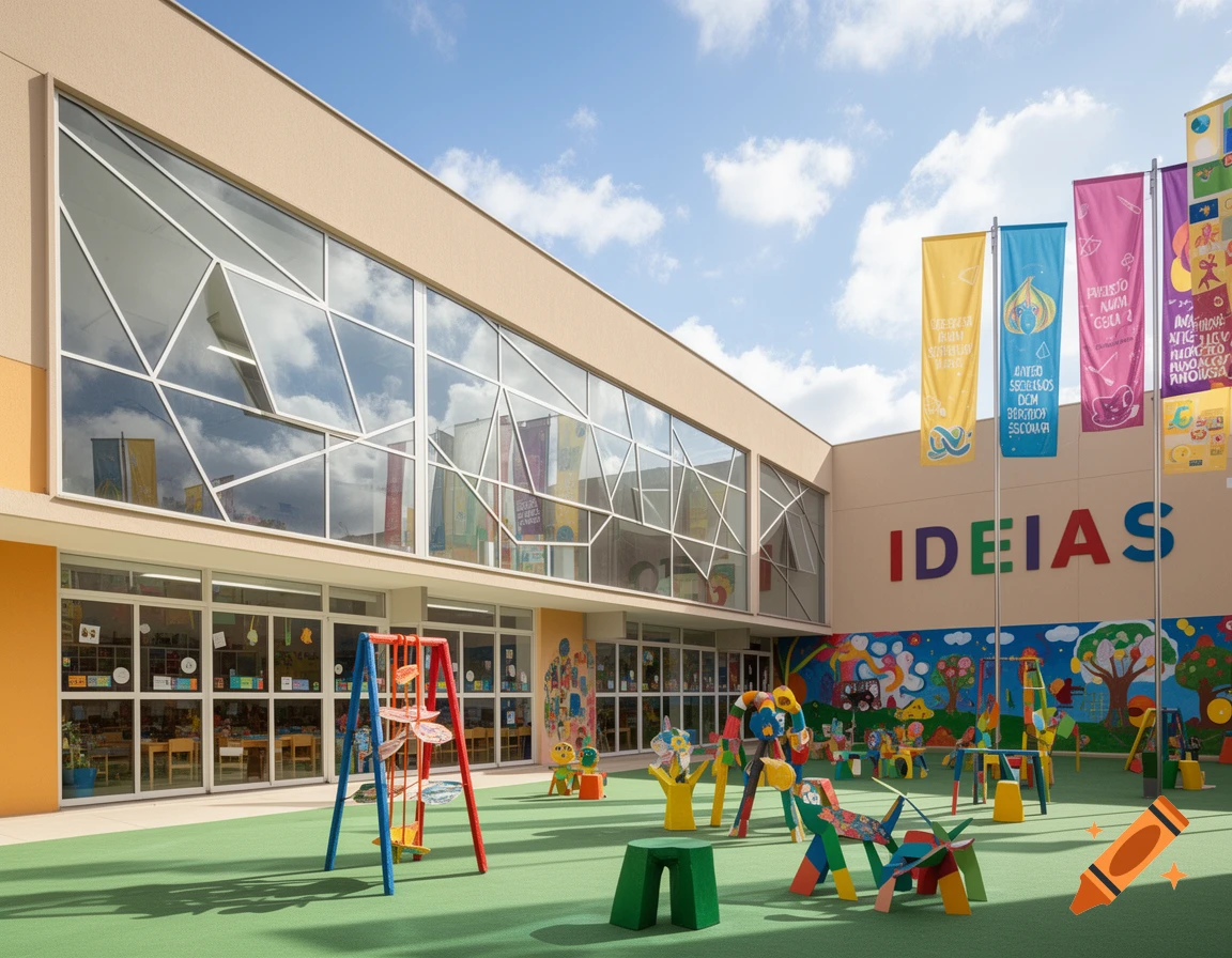 A modern school building with large windows overlooks a vibrant outdoor playground featuring colorful equipment under a sunny sky. The word "IDEIAS" is visible on the wall.
