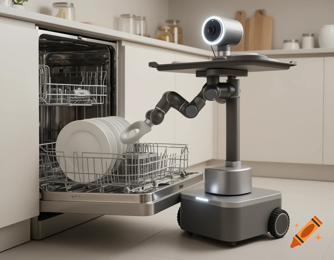 A compact household robot with a camera and robotic arm loads a white plate into an open dishwasher in a modern kitchen, photorealistic style.