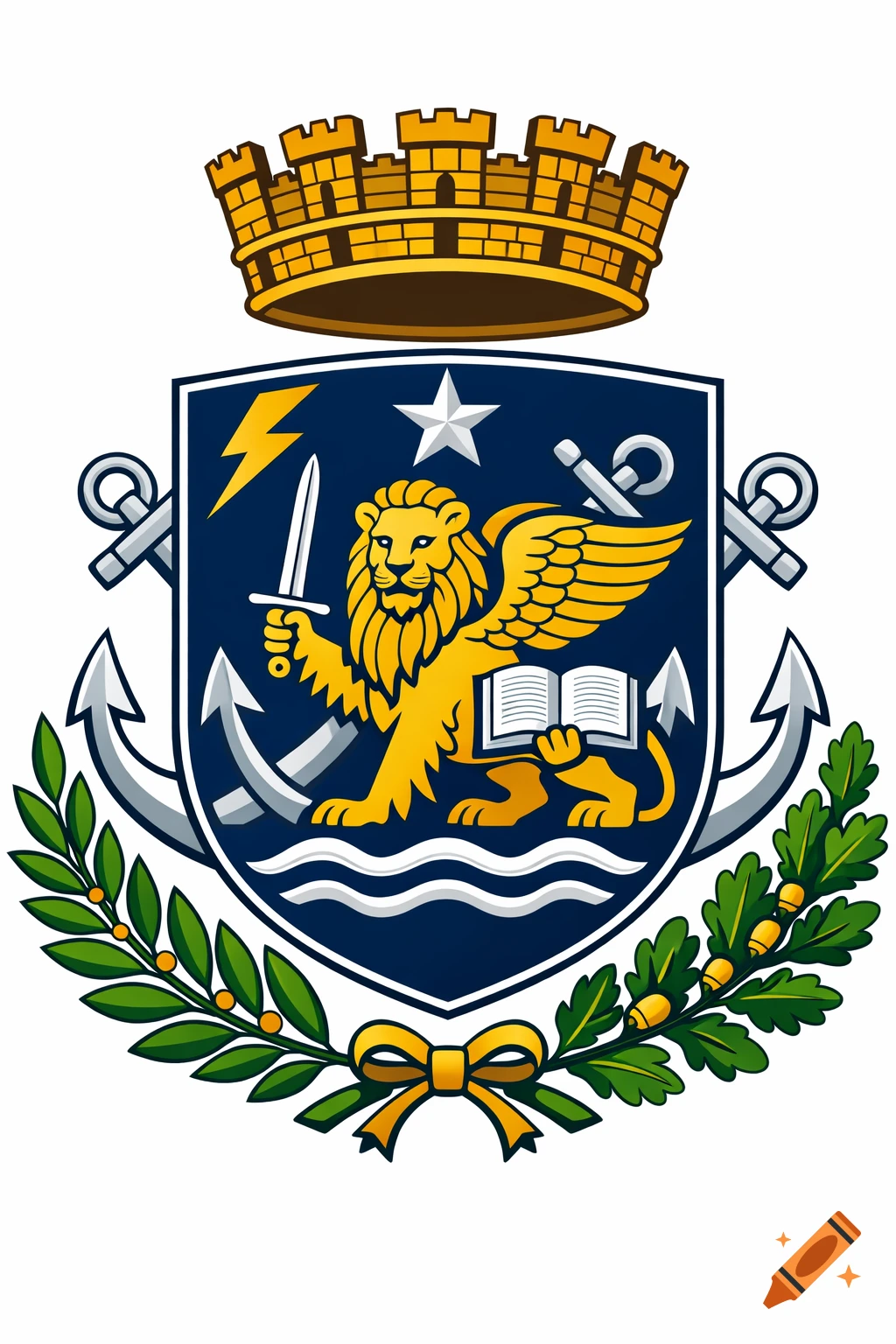 Italian heraldic coat of arms with a golden winged lion, sword, open book, anchors, lightning bolt, star, crown, and laurel and oak branches on a dark blue shield.