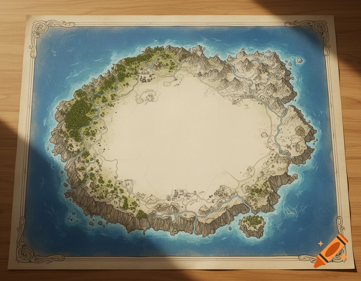 An illustrated fantasy island map featuring green forests, gray mountains, and blue rivers, with a blank central area, set on a wooden table.