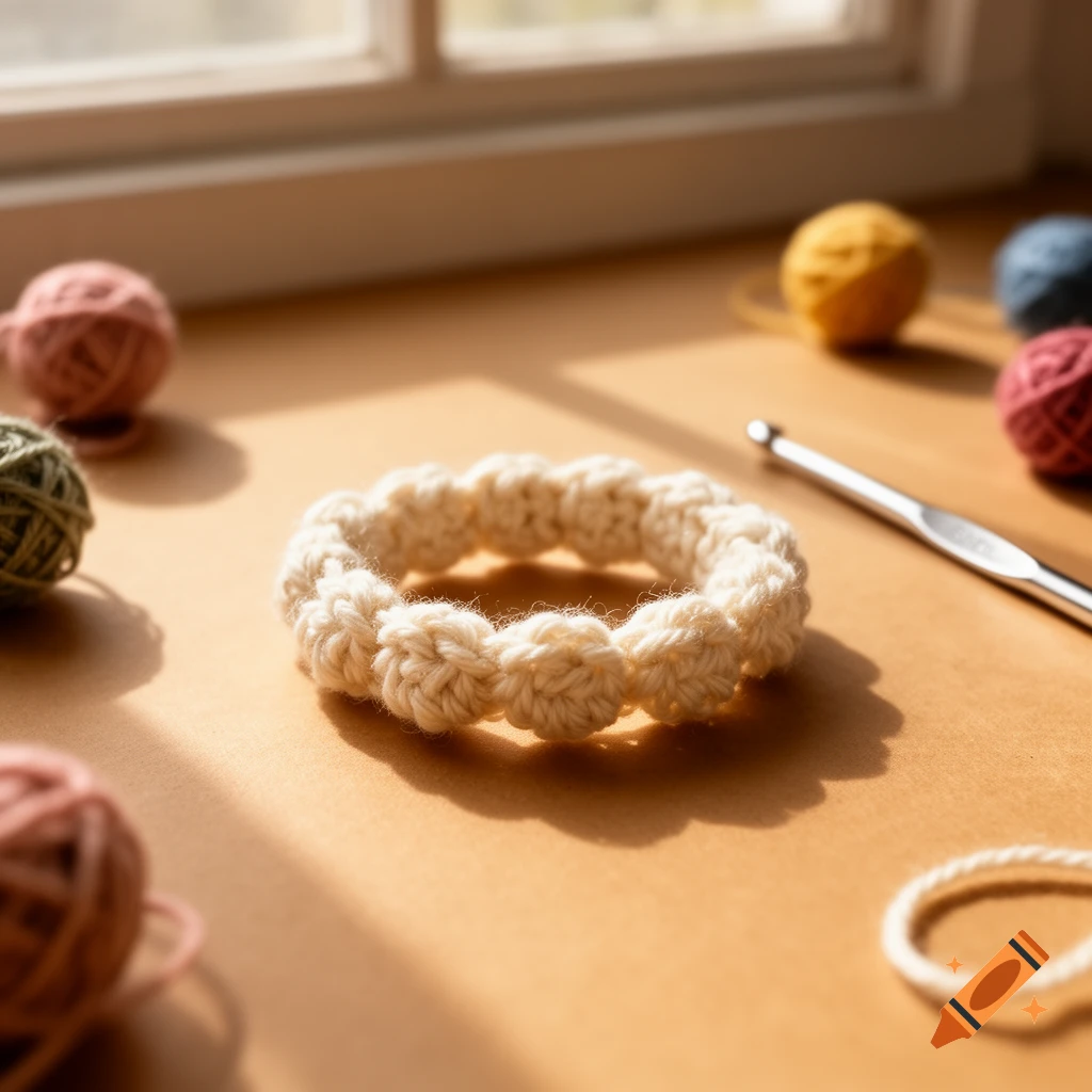A white crocheted bracelet, colorful yarn balls, and a crochet hook on a sunlit brown surface near a window.
