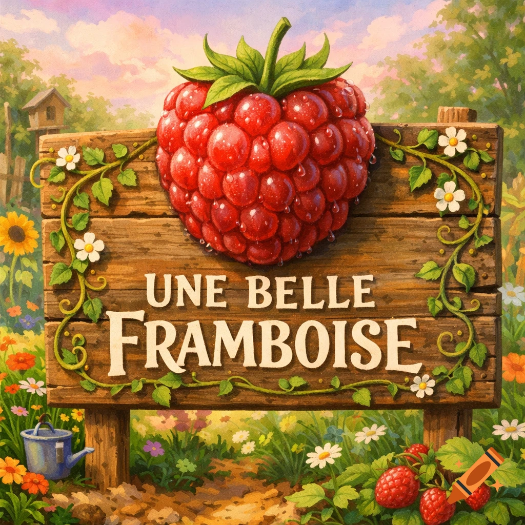 Vibrant illustration of a giant raspberry with water droplets on a wooden sign that reads 'UNE BELLE FRAMBOISE' in a sunny garden.