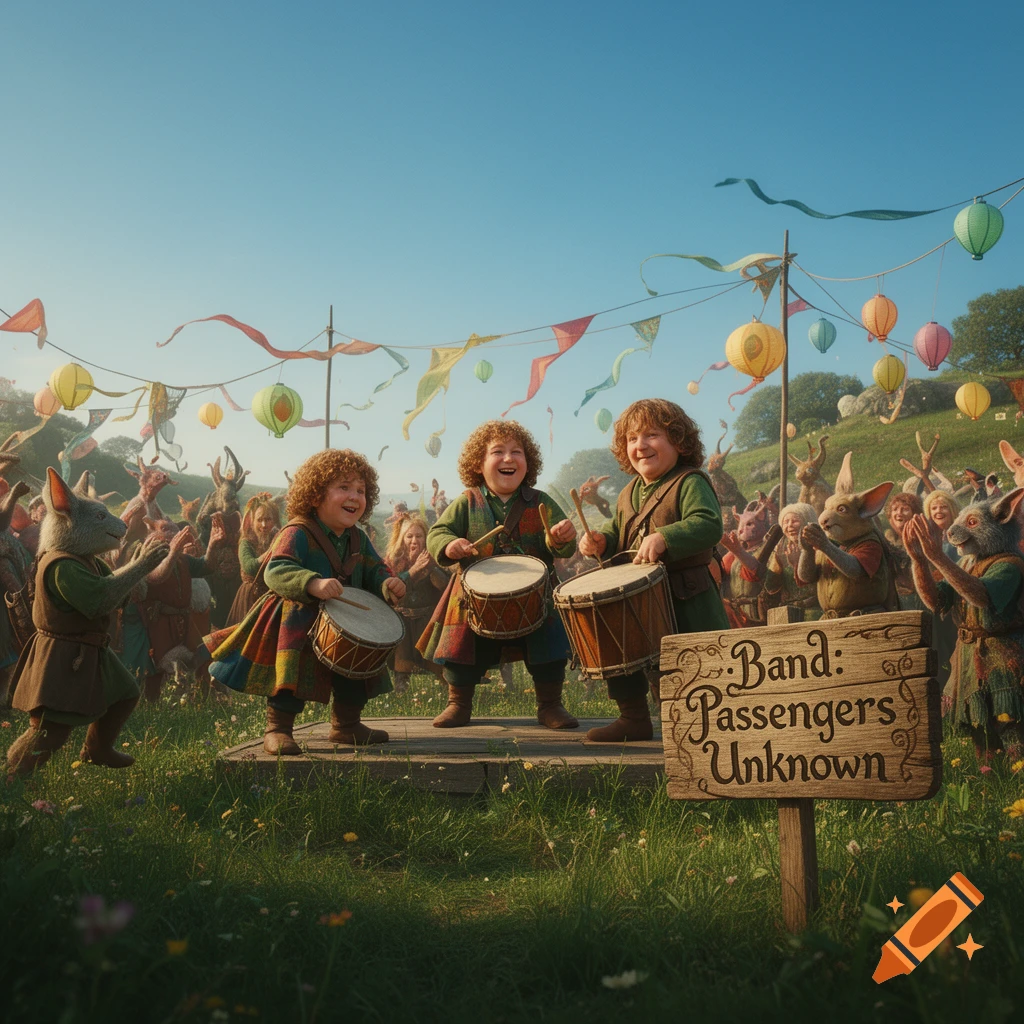 Three smiling hobbit-like figures play drums on a stage for an anthropomorphic animal audience at a sunny outdoor festival.