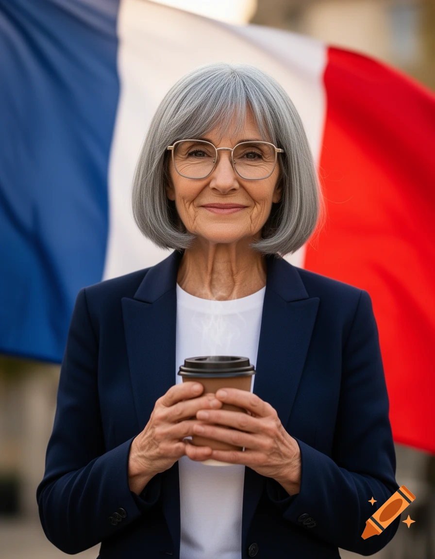 An older woman with grey bob hair and glasses holds a coffee cup in front of a French flag.