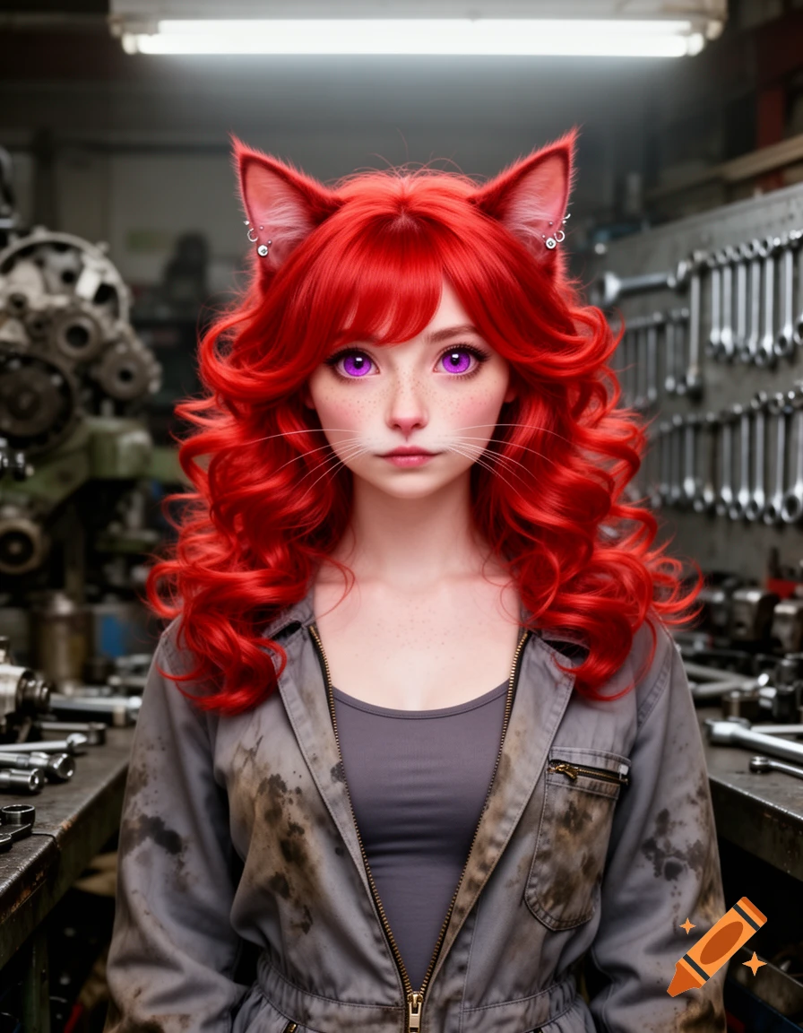 A red-haired catgirl with purple eyes, whiskers, and pierced cat ears, wearing a dirty mechanic's jumpsuit in a workshop.