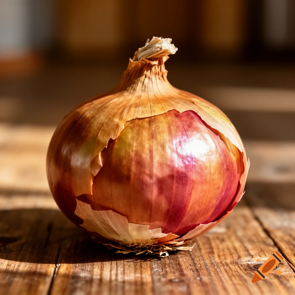 A close-up, photorealistic shot of a red onion with peeling skin resting on a wooden table, bathed in warm sunlight.