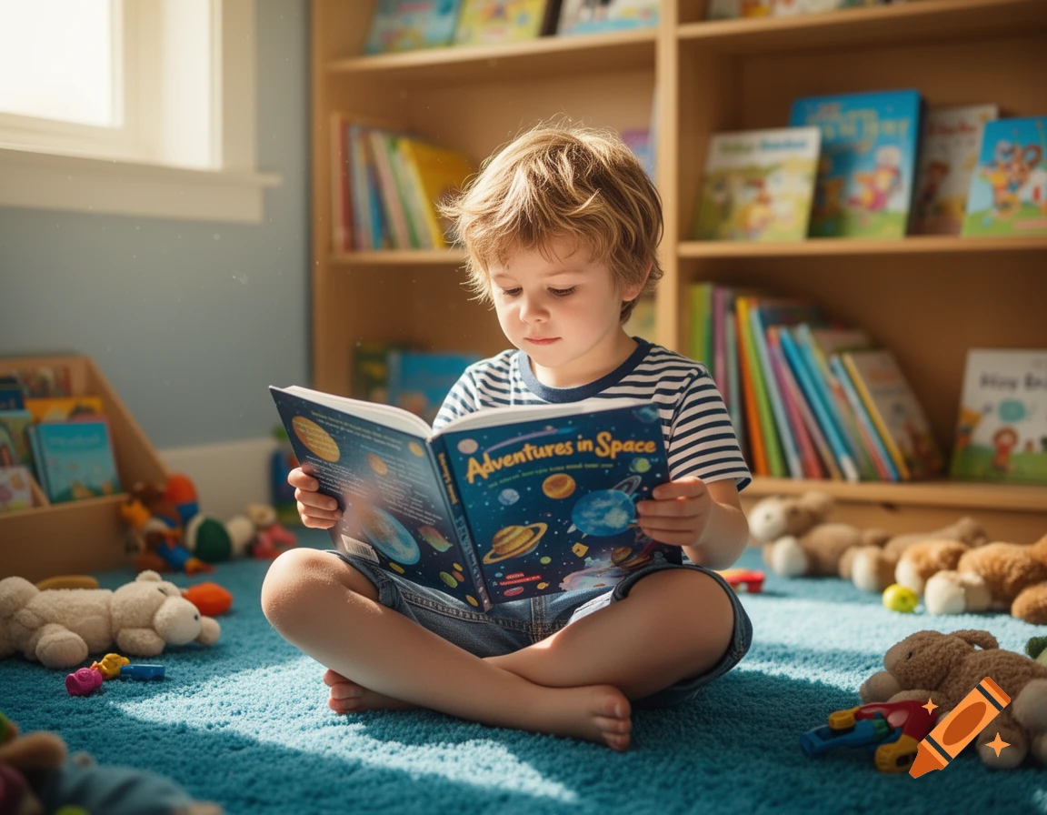 A young boy with blonde hair sits cross-legged on a blue rug, reading a book titled 'Adventures in Space' in a bright room with bookshelves.