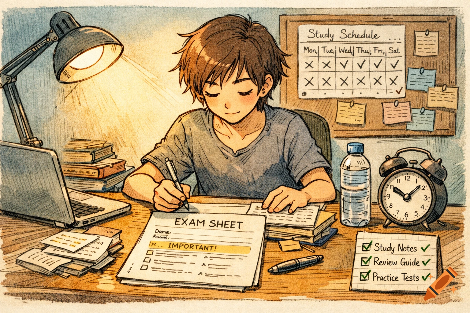 Anime illustration of a student studying at a desk with an exam sheet, laptop, books, lamp, and alarm clock.
