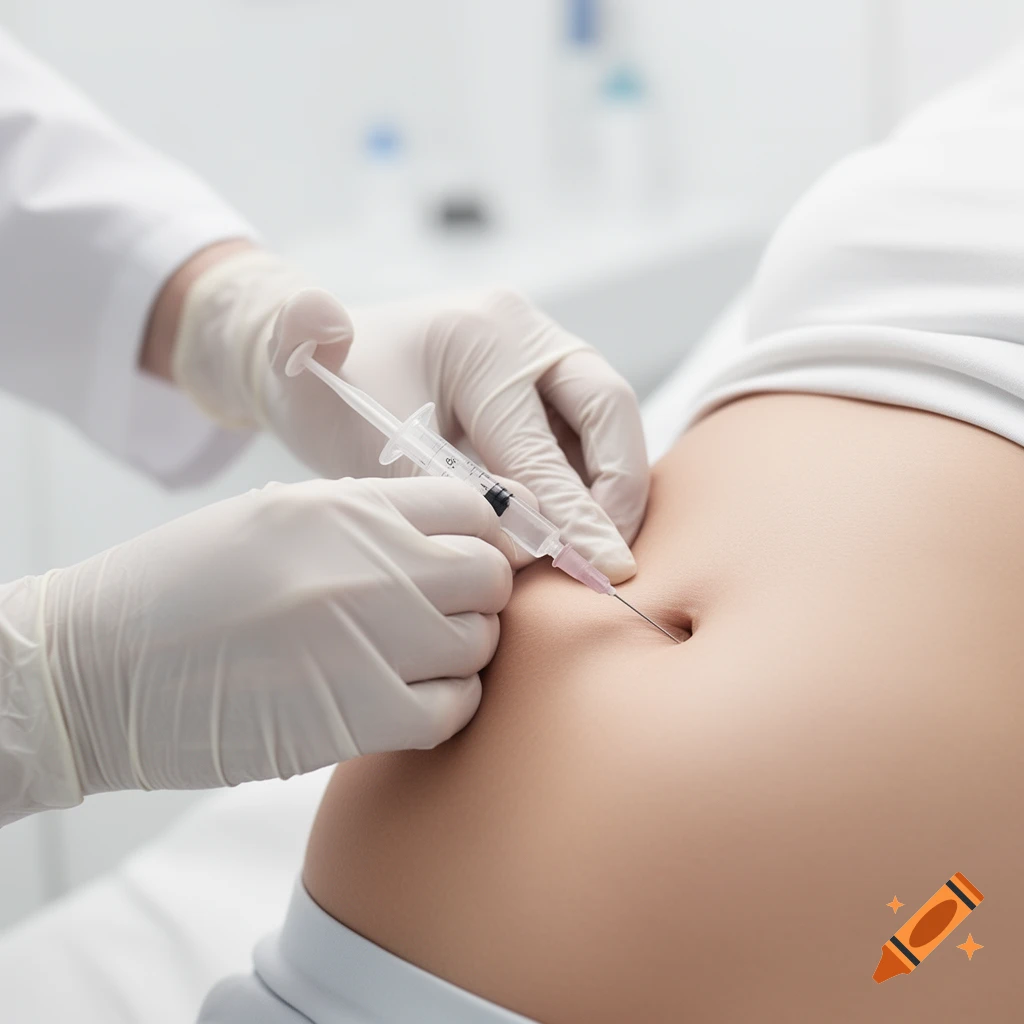 Close-up of gloved hands administering a subcutaneous injection into a bare abdomen near the navel, photorealistic style.