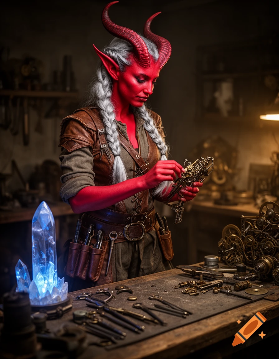 A red-skinned, horned fantasy woman with white braids, dressed in leather, meticulously examines a steampunk mechanism in a dimly lit workshop.