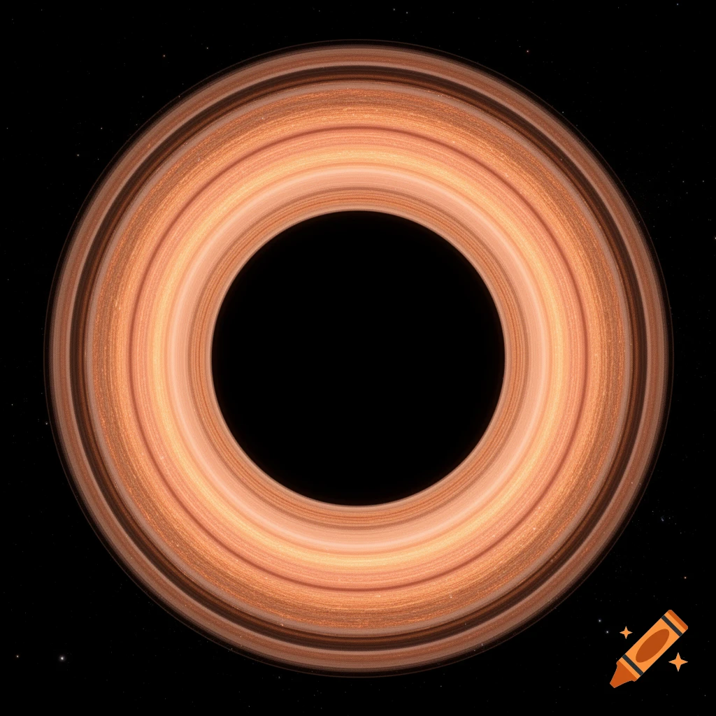 A close-up view of a celestial body with warm, orange-brown rings set against a starry black space.