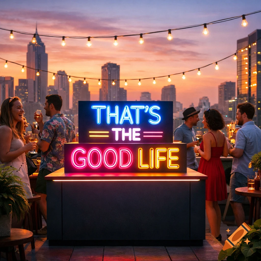 A group of friends enjoys a vibrant rooftop party at sunset, with a neon sign reading "THAT'S THE GOOD LIFE" and a city skyline in the background.