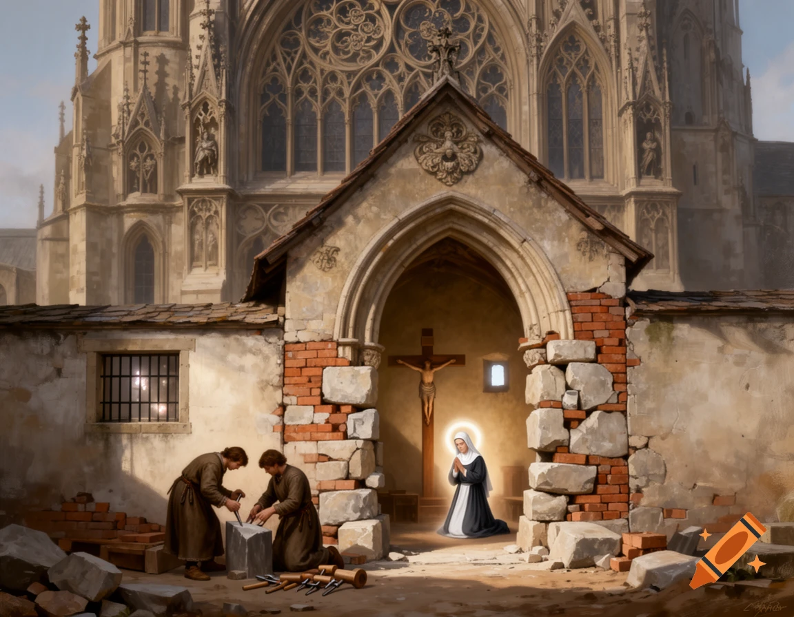 Medieval painting of a nun praying before a crucifix in a stone structure, masons working, and a grand Gothic church behind.