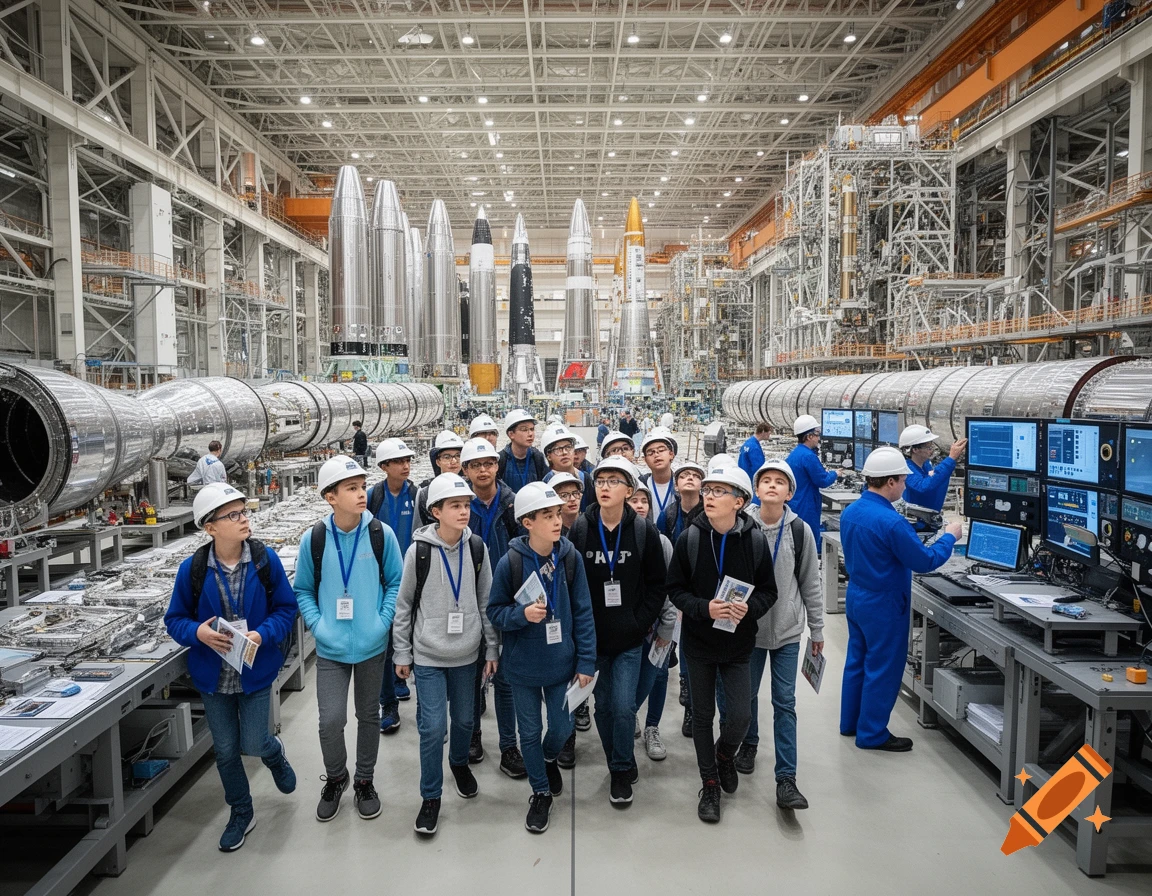 A group of teenagers wearing hard hats on a tour of a large, high-tech rocket and spacecraft factory, with silver rocket components visible.