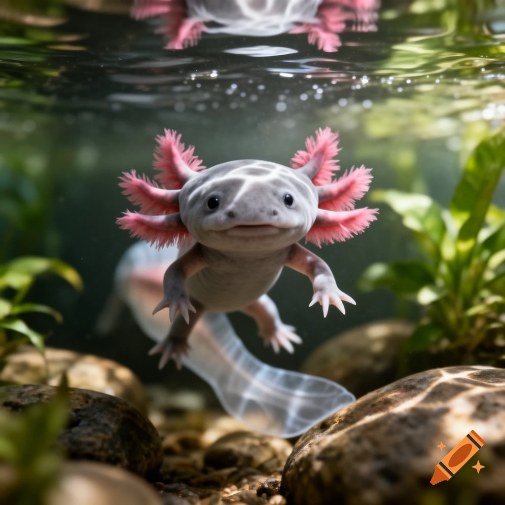 Photorealistic axolotl with pink gills swims underwater, surrounded by rocks and green plants, reflected on the surface.