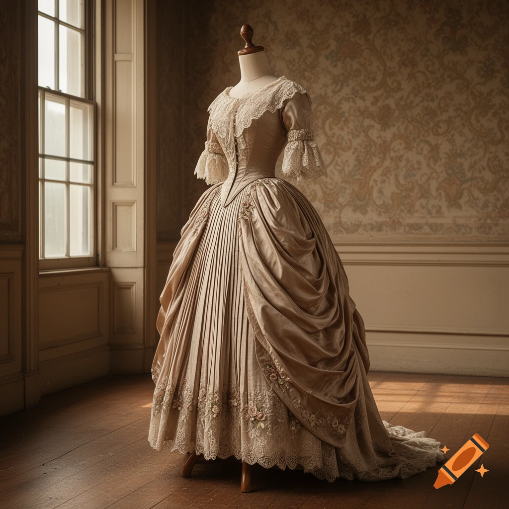 A historical bustle dress in beige and white lace on a mannequin, set in a vintage room with a large window.