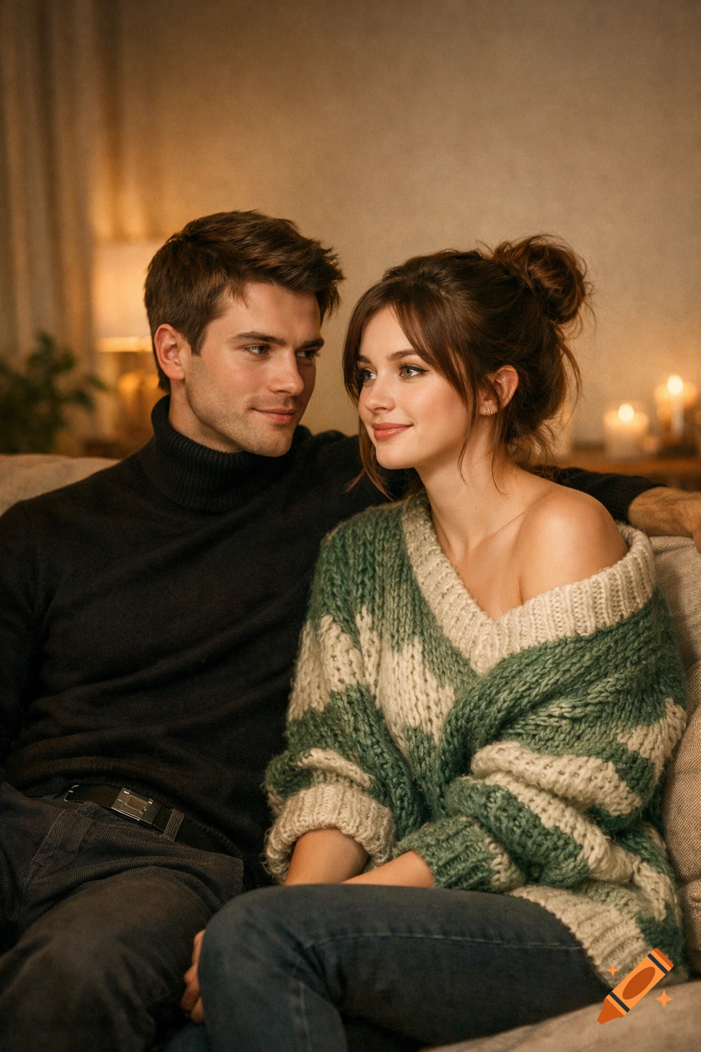 A photorealistic image of a young couple on a sofa, the man looking at the woman who looks slightly off-camera, in a warm, romantic setting.