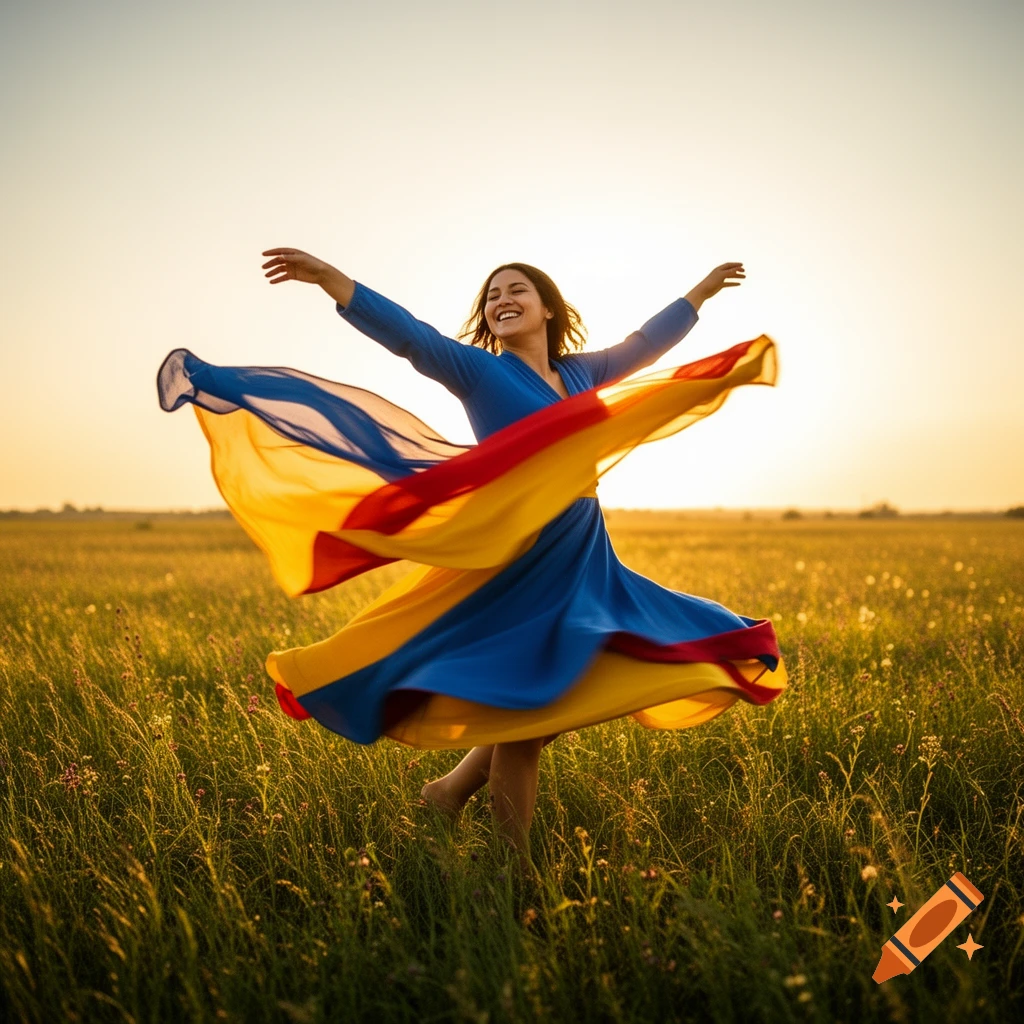 A joyful woman in a blue and multi-colored flowing dress dances in a ...