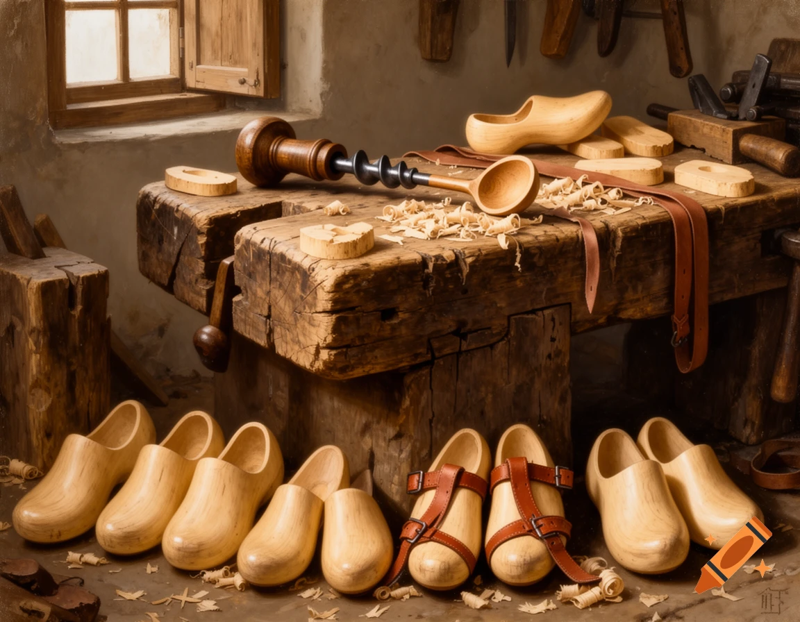 A realistic painting of a medieval cobbler's workshop, featuring wooden clogs, tools, and wood shavings on a rustic workbench and floor.