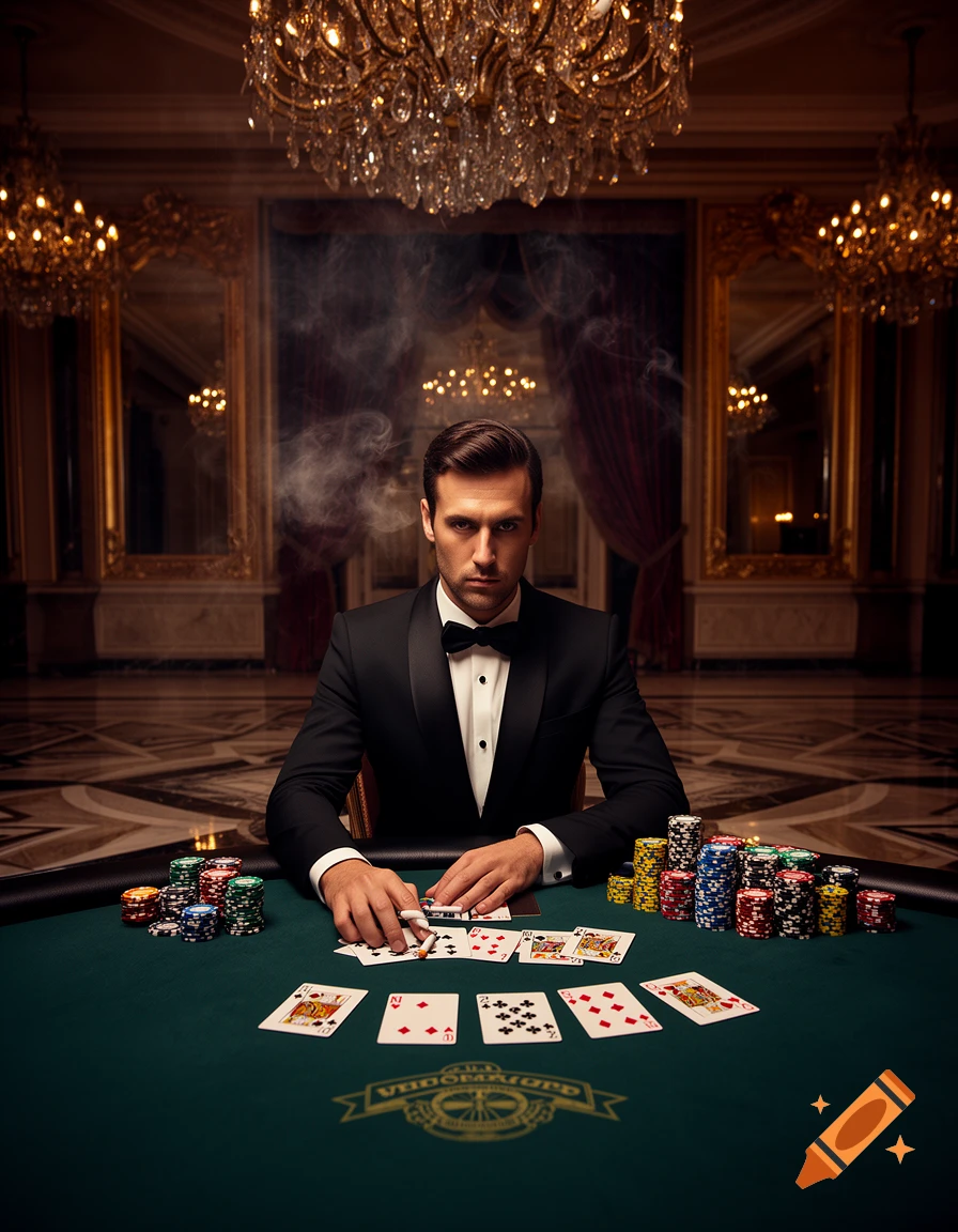 A serious man in a tuxedo plays poker at a green table, surrounded by chips and cards, in a lavish room with chandeliers.