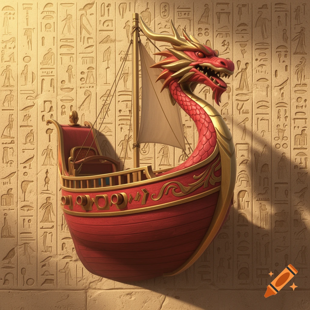 A stylized red and gold boat with a dragon head as the prow, resembling the King of Red Lions boat, against a wall covered in Egyptian hieroglyphs.