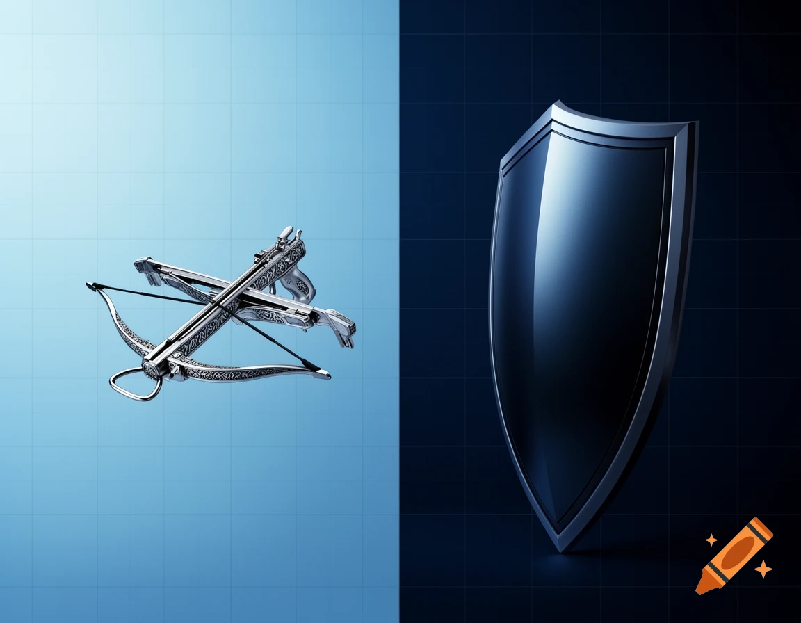 A polished silver crossbow on a light blue grid background faces a dark metallic shield on a dark blue grid background.