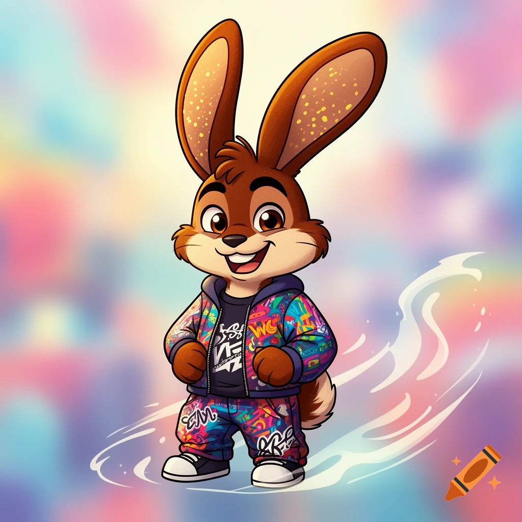 A smiling brown cartoon rabbit character wearing a colorful, graffiti-patterned hoodie and pants, standing against a blurred pastel background.
