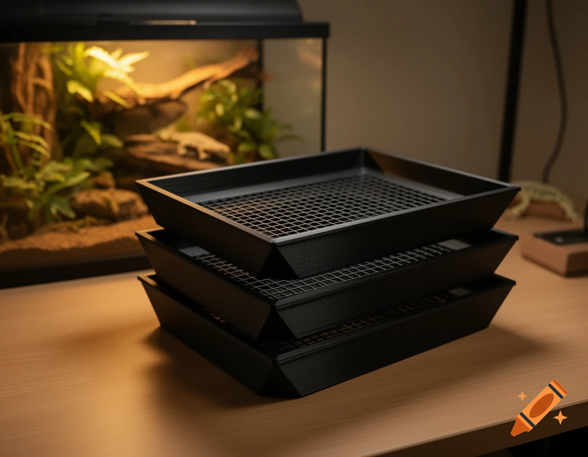 Matte black 3D-printed modular insect sorting trays with grid mesh bottoms stacked on a wooden desk, a vivarium in the background.
