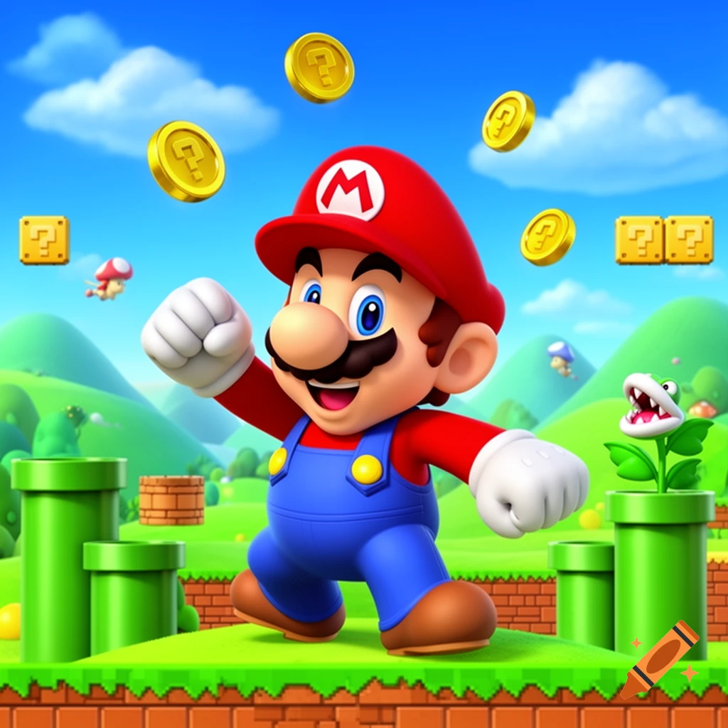 Mario in a vibrant video game world with green hills, pipes, question blocks, flying coins, and a Piranha Plant.