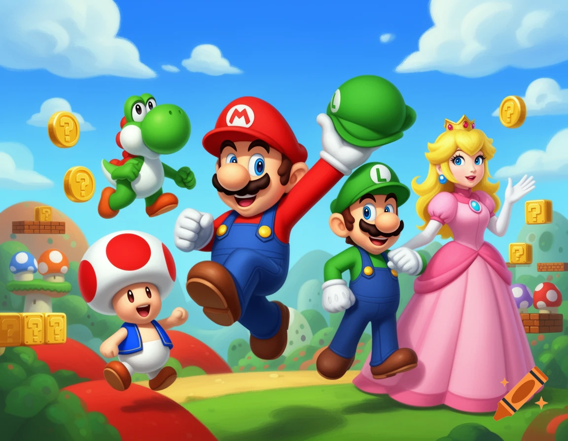Mario, Luigi, Princess Peach, Yoshi, and Toad happily pose in a vibrant, cartoon Super Mario landscape with coins and question blocks.