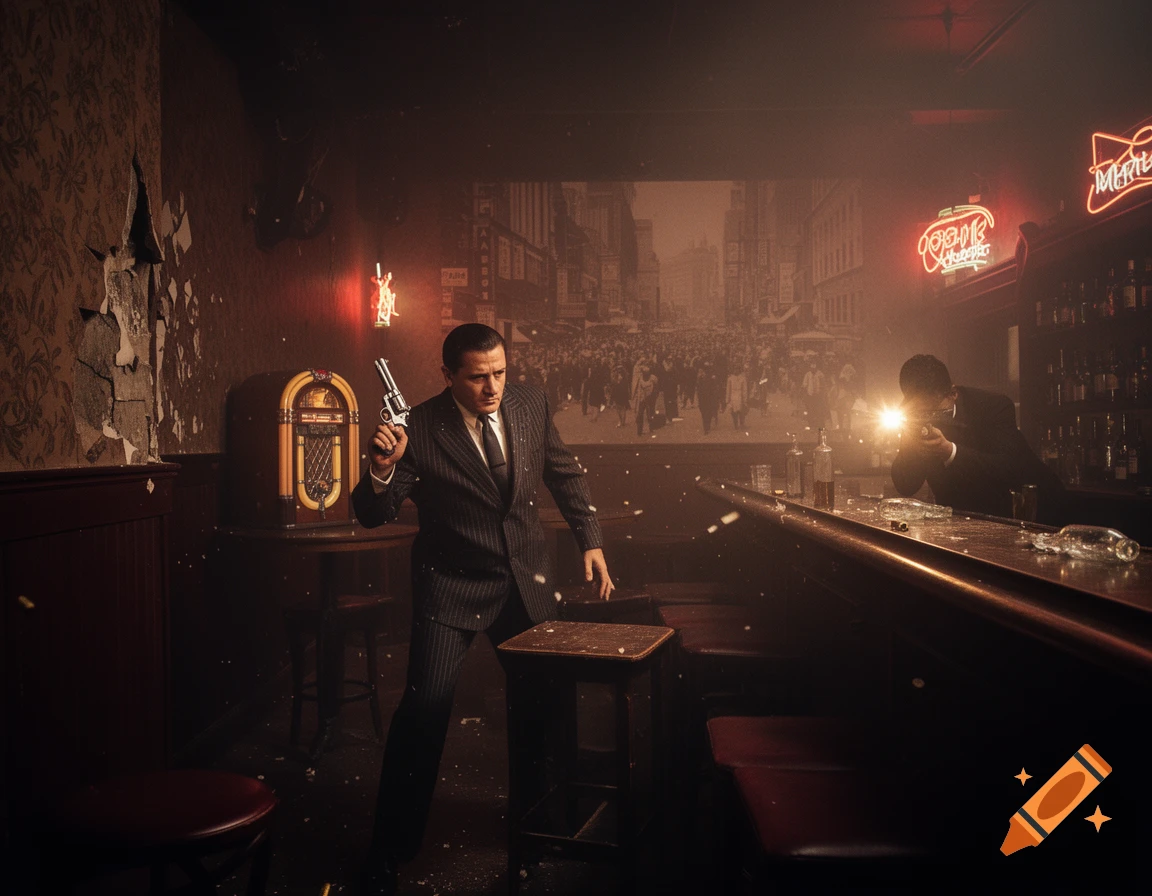 A man in a pinstripe suit fires a revolver in a dramatic, dimly lit bar during a vintage-style shootout, with another man ducking behind the bar.