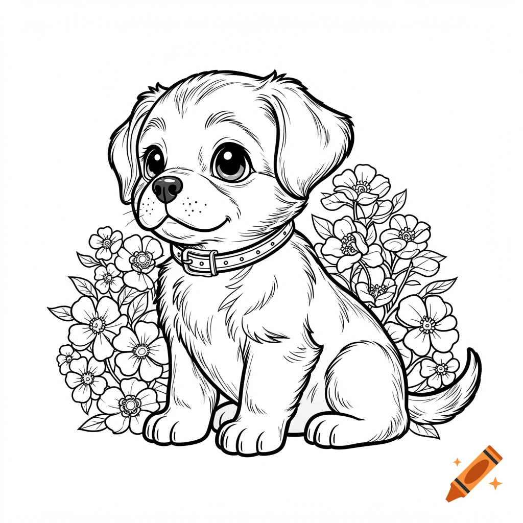 Black and white line art coloring page of a cute puppy with big eyes and a collar, surrounded by flowers.