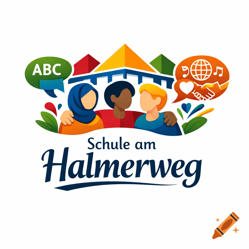 Logo: Three diverse figures embracing, with abstract school buildings, speech bubbles for language and culture, and text 'Schule am Halmerweg'.