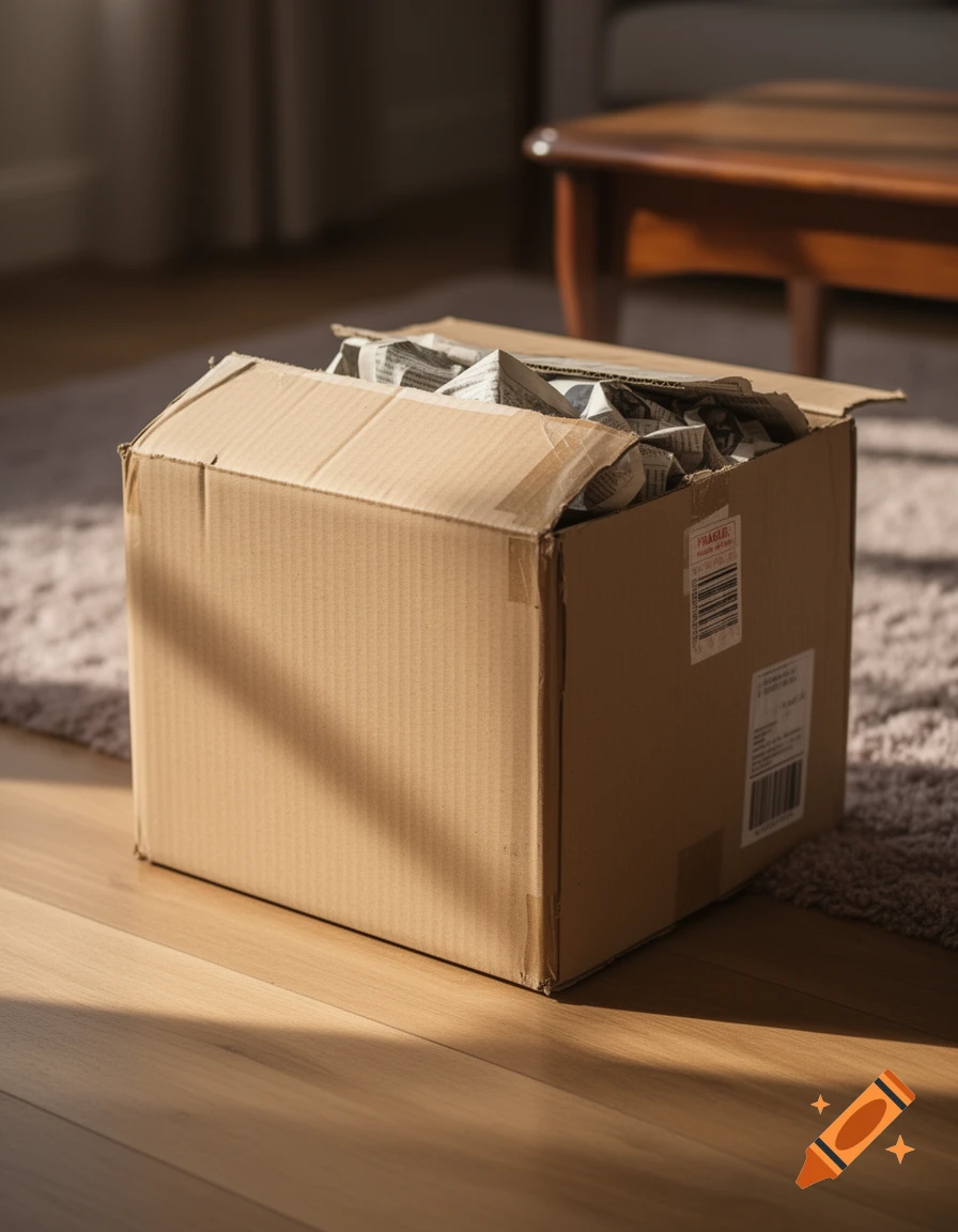 A brown cardboard box filled with crumpled paper sits on a wooden floor, partially on a rug, with sunlight casting shadows.