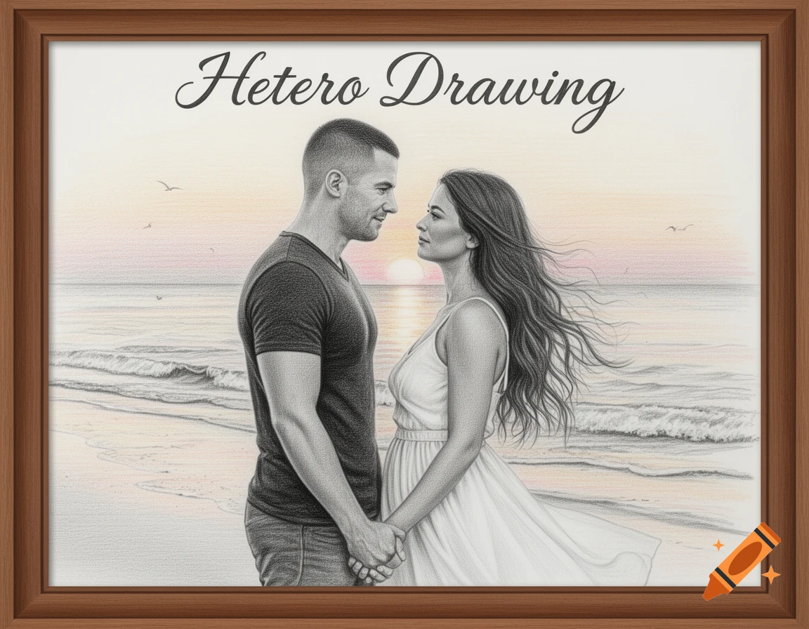 Pencil drawing of a man and woman holding hands on a beach at sunset, with 'Hetero Drawing' text.