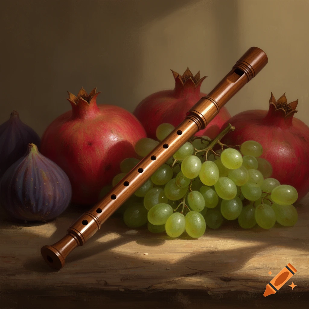 A wooden flute rests on green grapes, surrounded by red pomegranates and purple figs in a painterly still life.