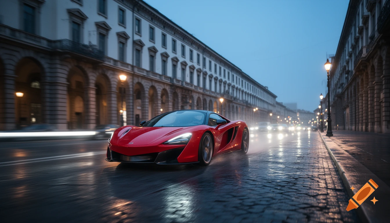 A sleek red sports car drives on a wet cobblestone street at dusk, flanked by illuminated historic buildings and streetlights.