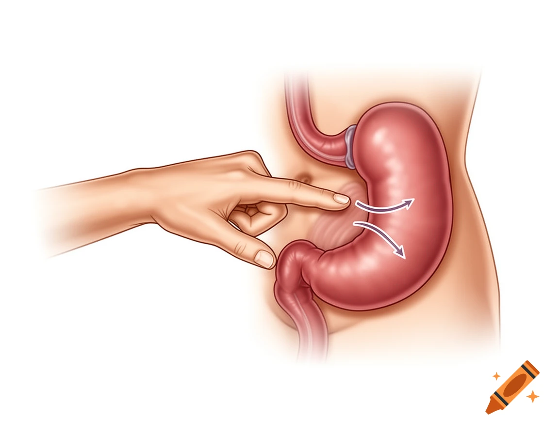 Medical illustration of a hand pointing at a stomach with arrows indicating movement.