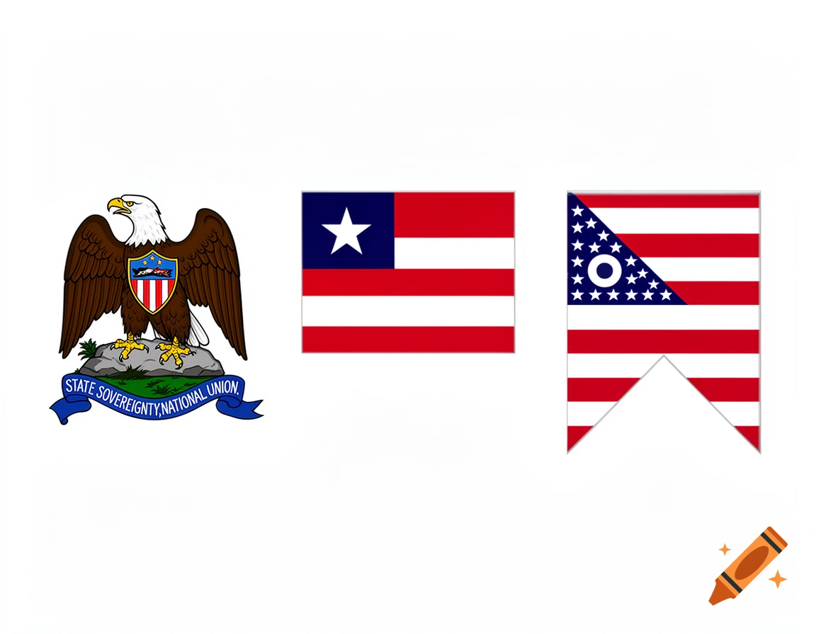 An illustration showing three symbols on a white background: the Great Seal of Illinois (eagle, shield, banner), the flag of Liberia, and the flag of Ohio.