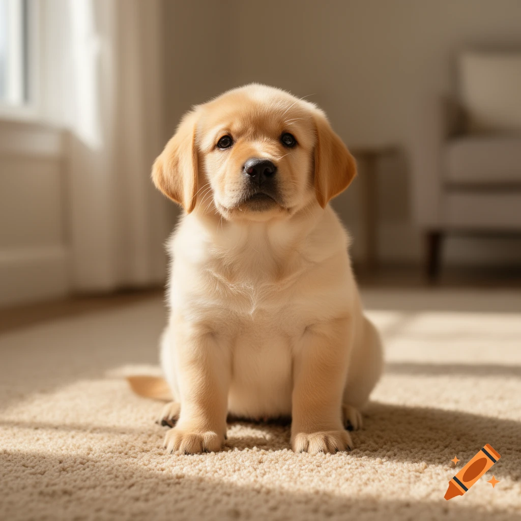 A cute golden Labrador puppy sits on a carpet, looking forward in a sunlit room.