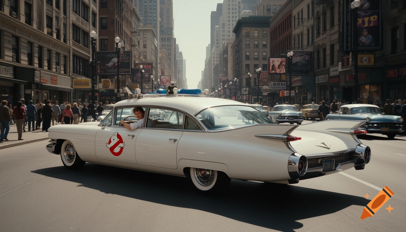 A white Ecto-1 Ghostbusters car driven by a person on a busy city street, with buildings and pedestrians in the background. Photorealistic.
