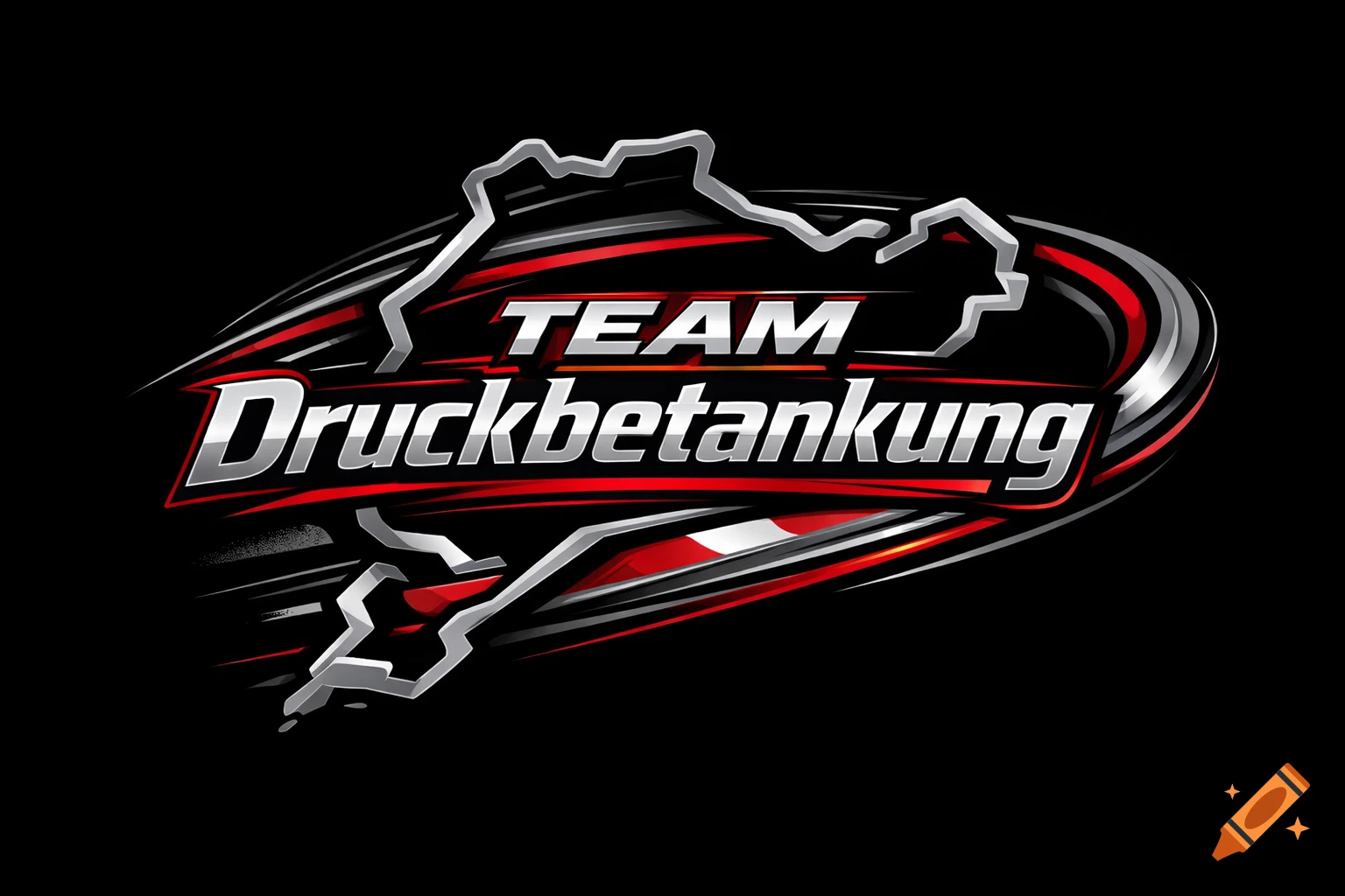 A stylized logo with 'TEAM Druckbetankung' in silver and red lettering, set against the outline of the Nürburgring Nordschleife racetrack and dynamic red and silver speed lines on a black background.