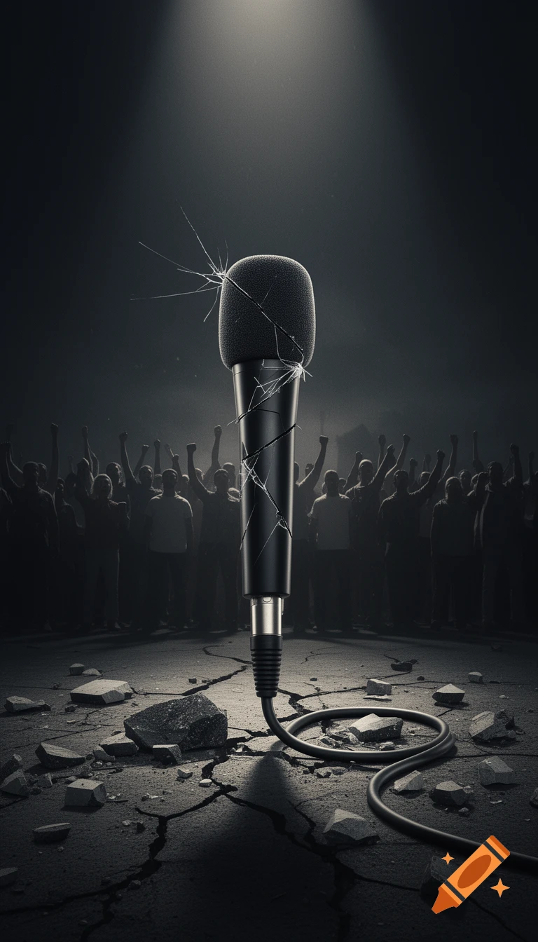 Cracked microphone in dramatic lighting on broken ground with a silhouetted crowd raising fists in the background.
