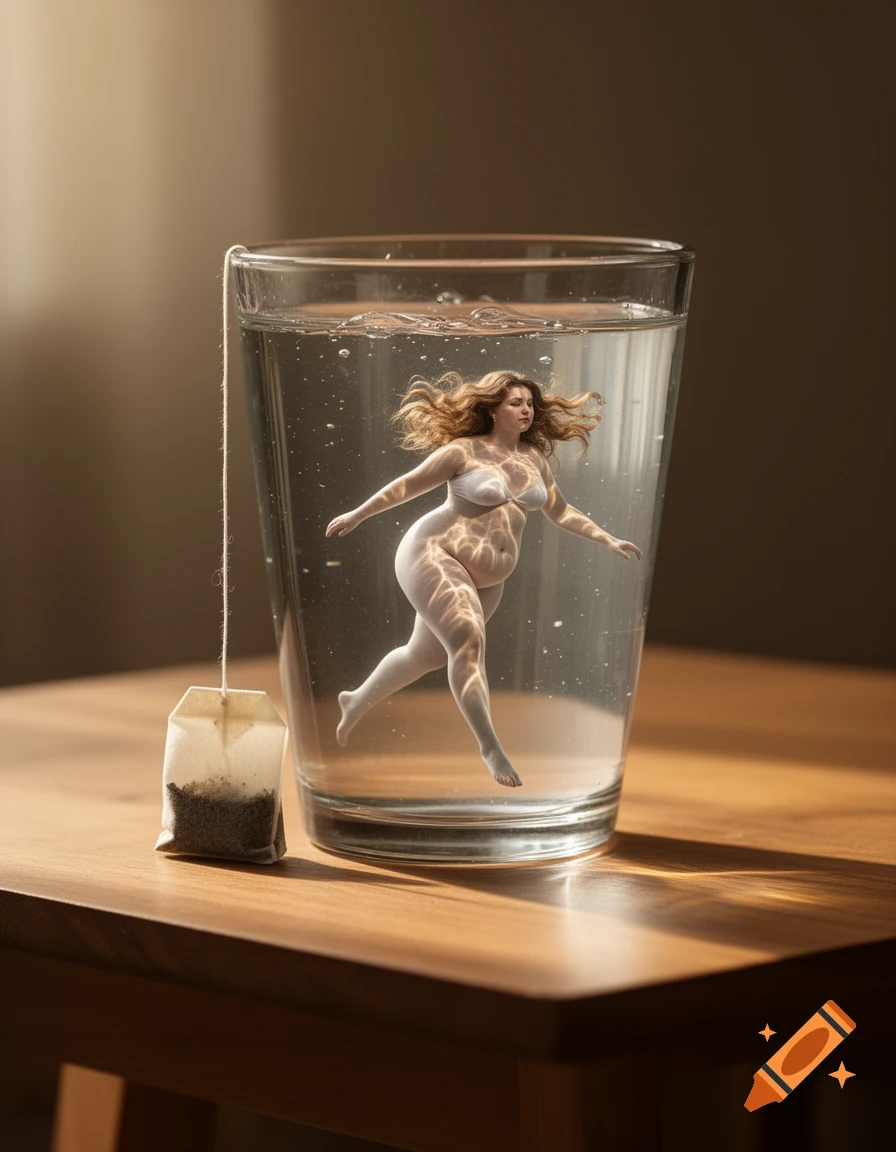 A photorealistic image of a full-figured woman in a bikini submerged in a glass of water, with a tea bag hanging outside.