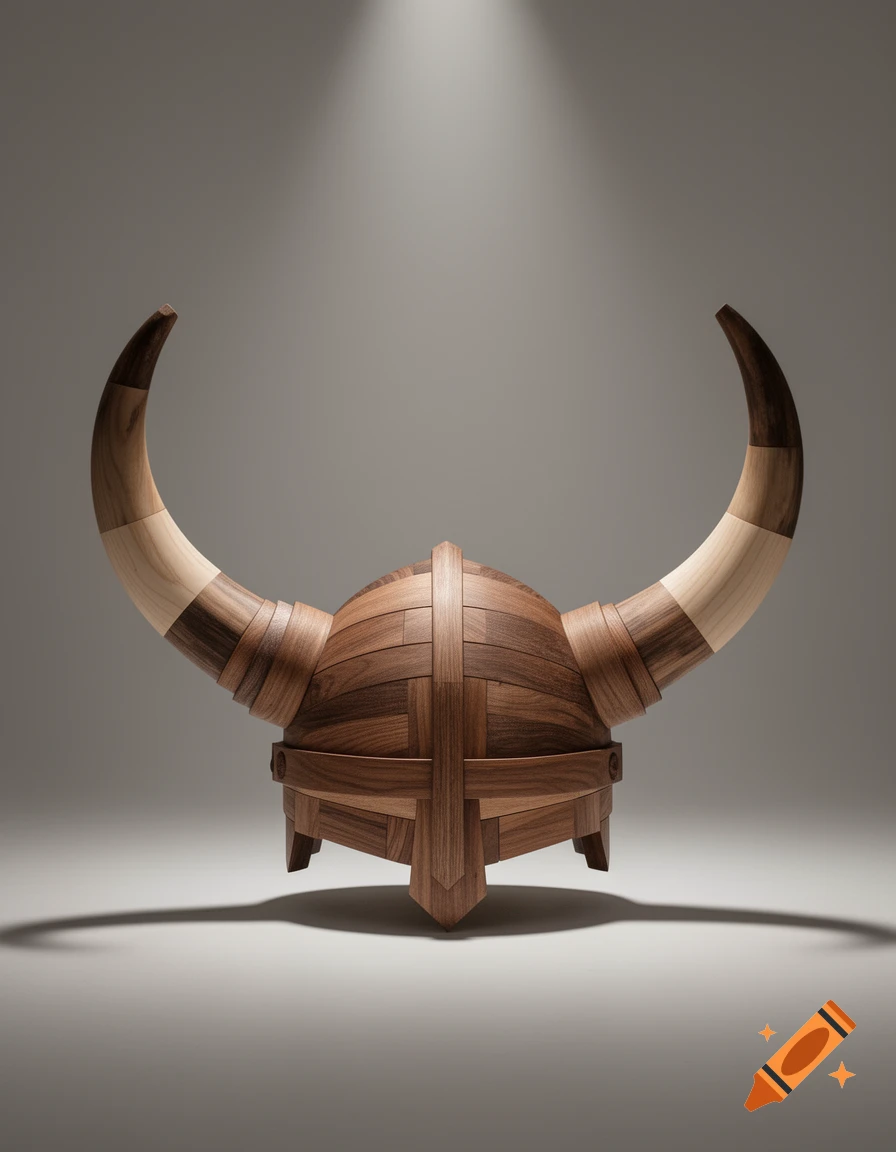 A photorealistic wooden viking helmet with two-toned horns sits under a spotlight against a grey background.