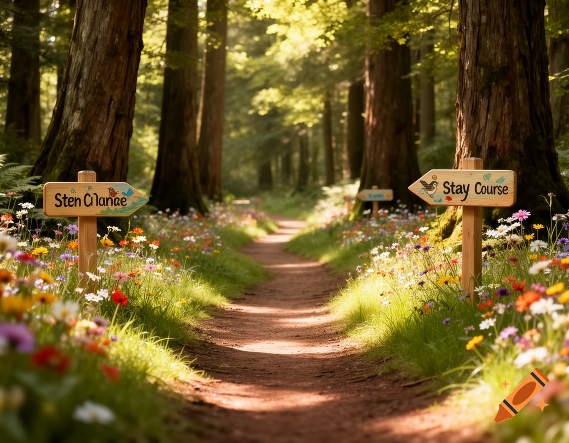 A sunlit forest path with wildflowers on either side. Two wooden signs point left and right, with one showing illegible text and the other reading 'Stay Course'.